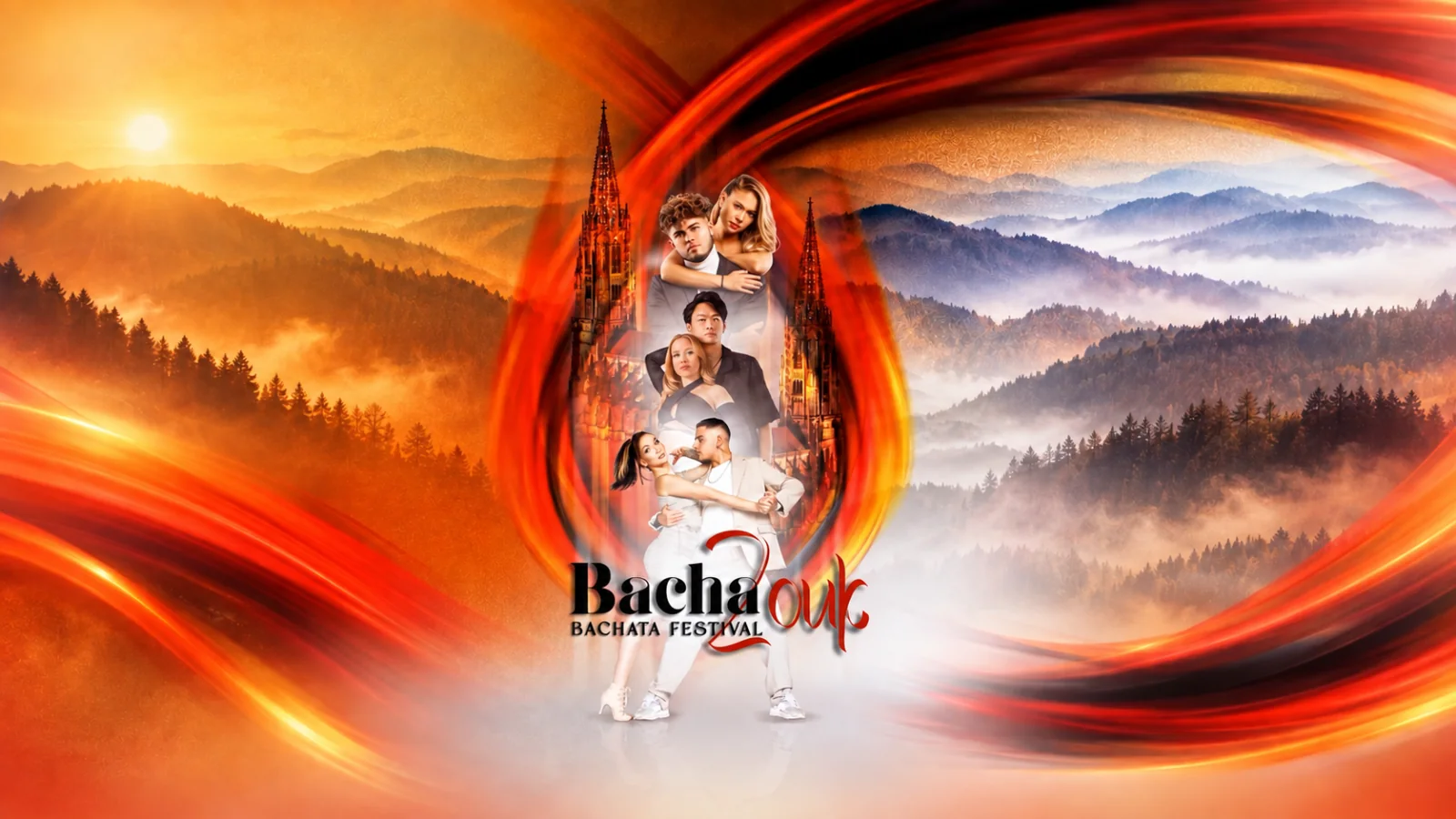 BachaZouk-Festivalmotiv mit drei Tanzpaaren, Münster-Türmen und roten Lichtbögen vor einer Schwarzwaldlandschaft