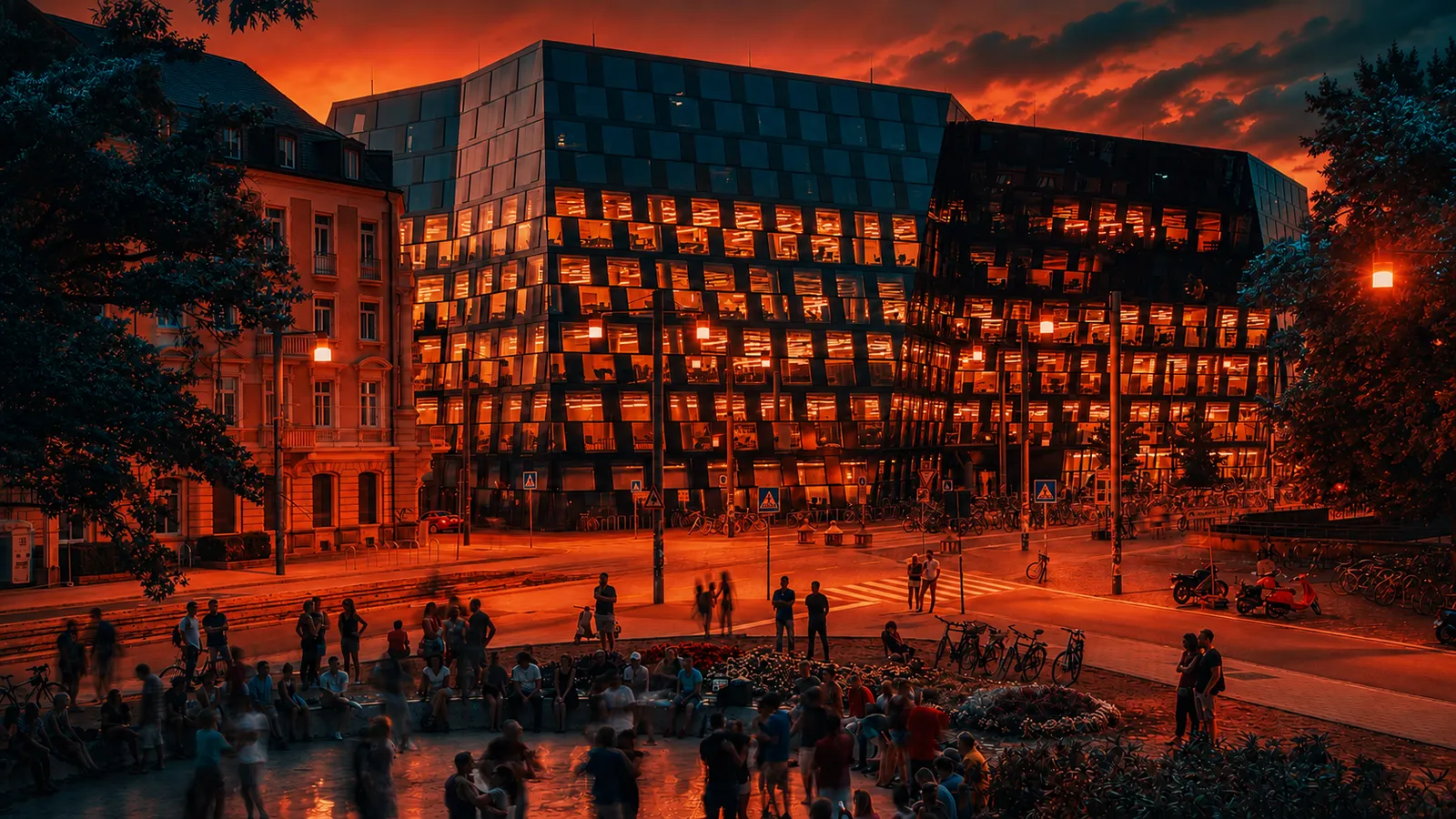 Official Dance Place: Brazilian Zouk community dancing in front of Freiburg University Library at sunset